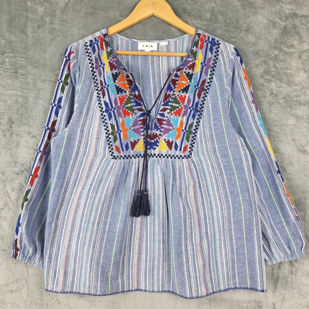 Womens Top Medium Blue Boho Embroidered Peasant Festival Tassels Retro Hippie